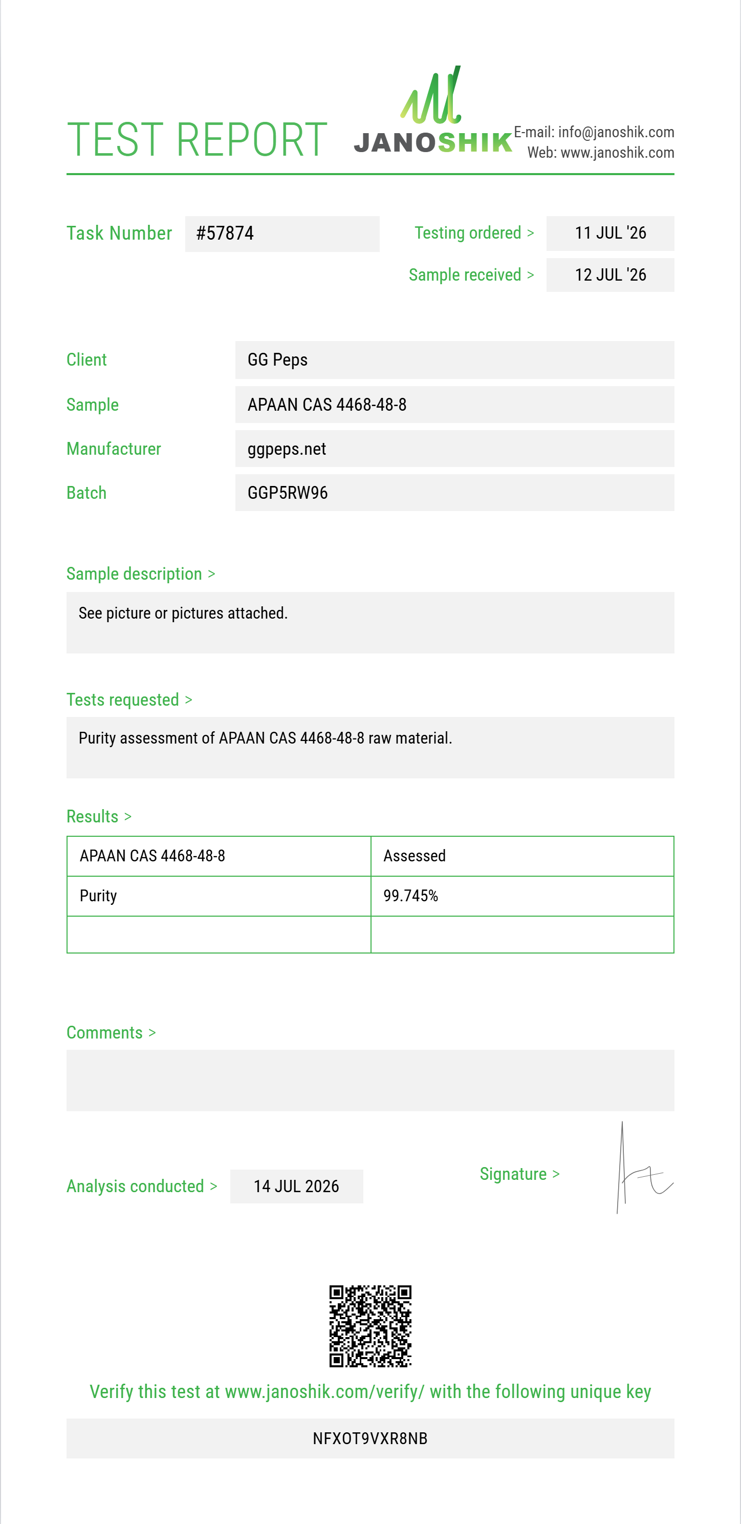 APAAN (alpha-phenylacetoacetonitrile) CAS 4468-48-8 Purity (HPLC) report by Janoshik Analytical