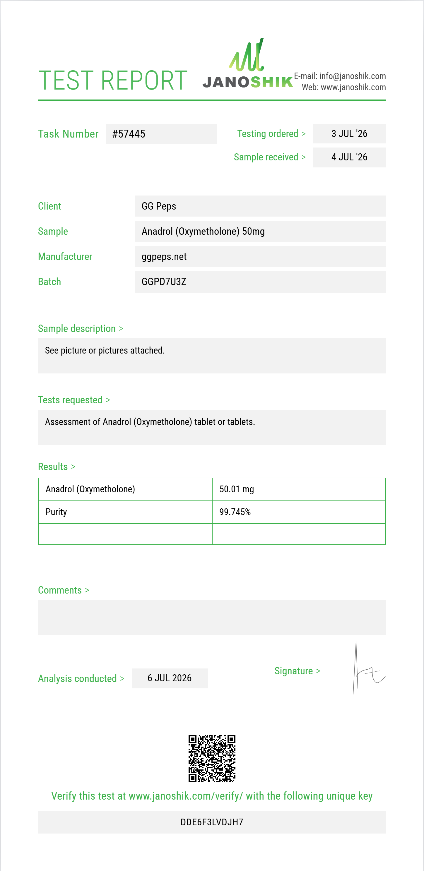 Anadrol (Oxymetholone) Purity (HPLC) report by Janoshik Analytical
