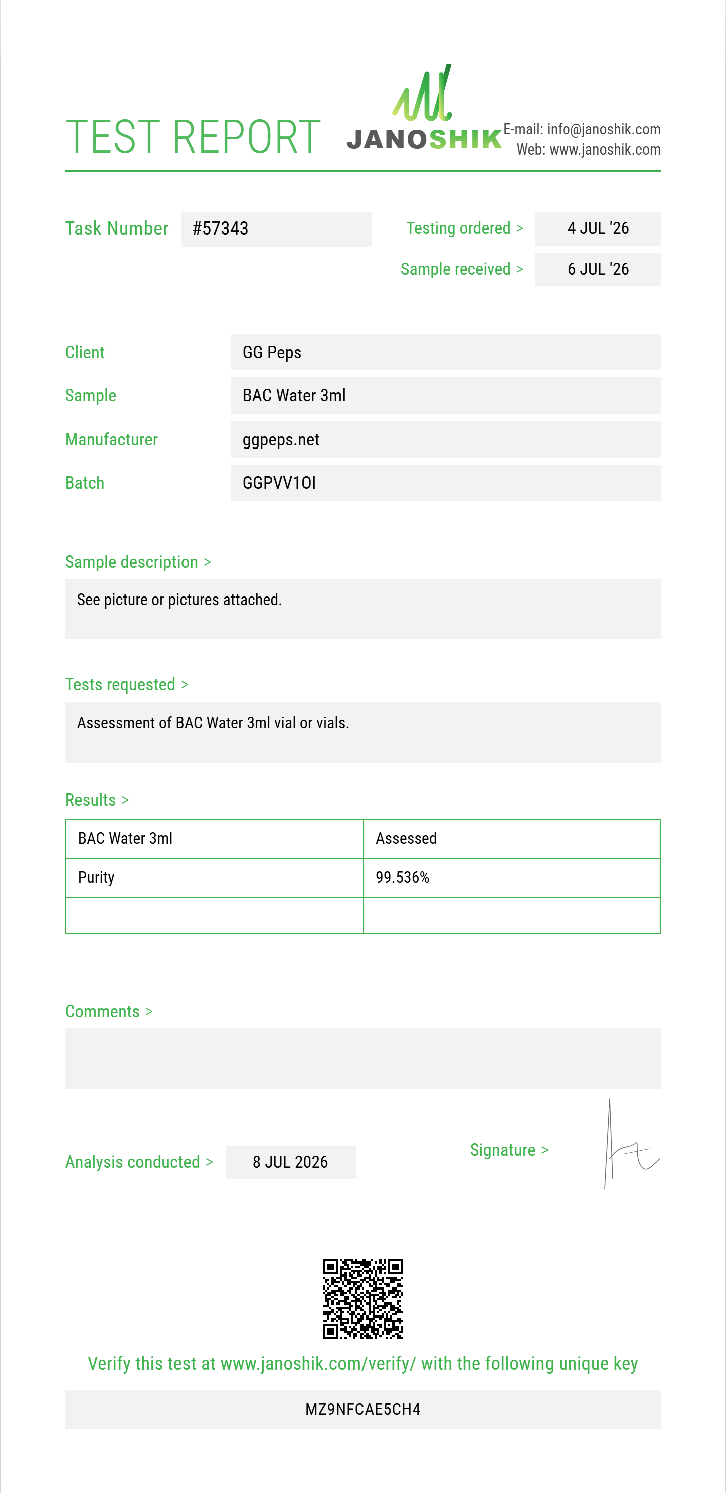 BAC Water Purity (HPLC) report by Janoshik Analytical