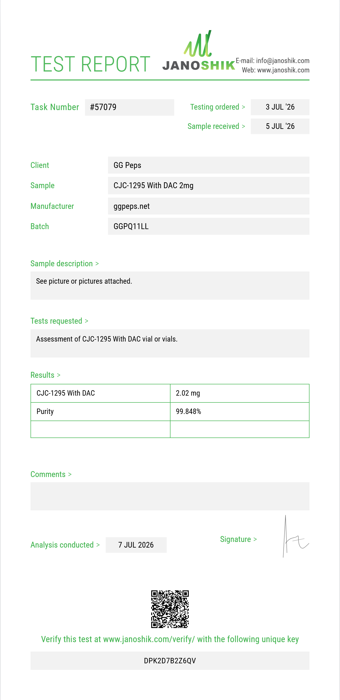 CJC-1295 With DAC Purity (HPLC) report by Janoshik Analytical