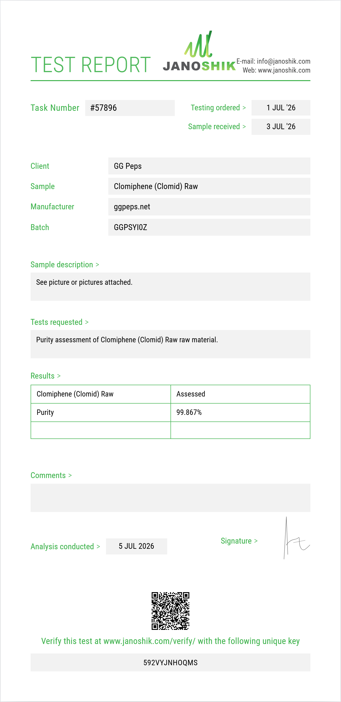 Clomiphene (Clomid) Raw Purity (HPLC) report by Janoshik Analytical