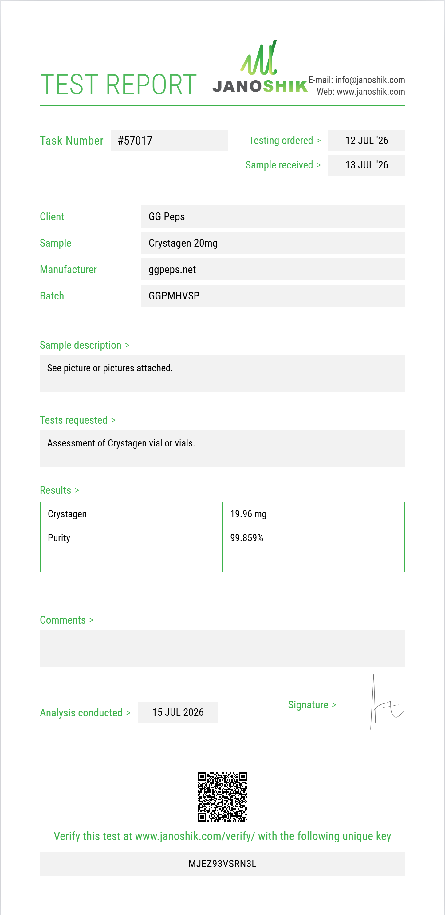 Crystagen Purity (HPLC) report by Janoshik Analytical