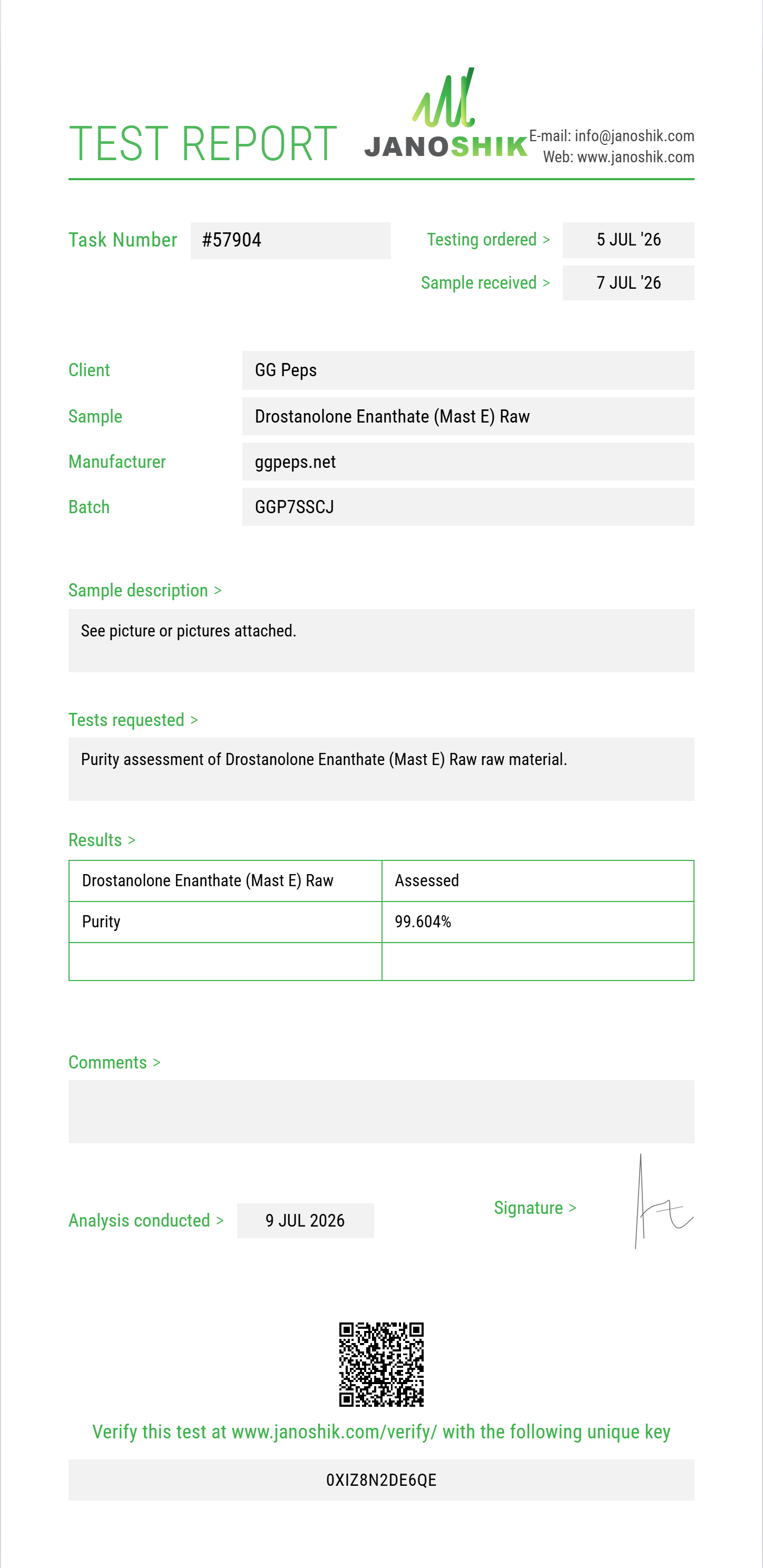 Drostanolone Enanthate (Mast E) Raw Purity (HPLC) report by Janoshik Analytical