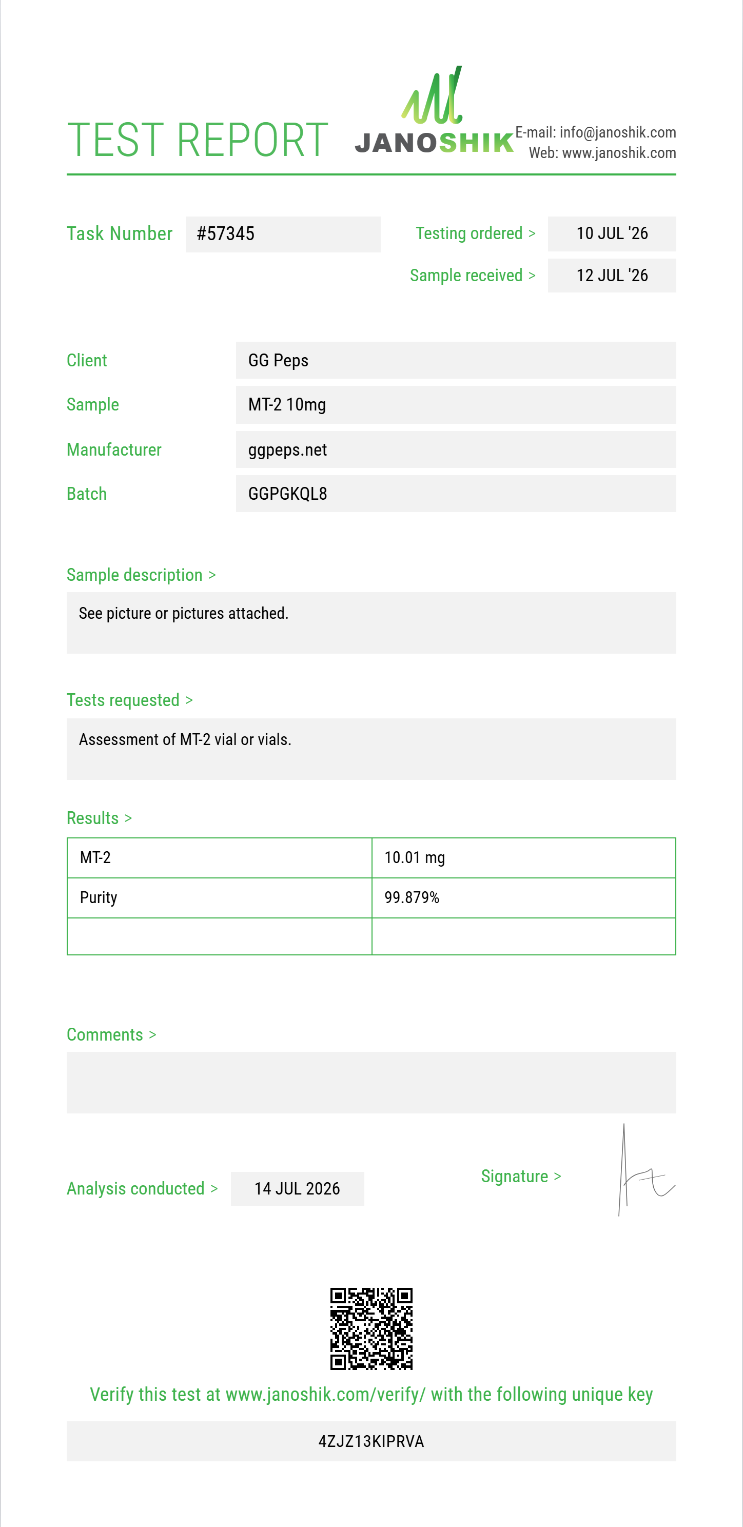 MT-2 Purity (HPLC) report by Janoshik Analytical