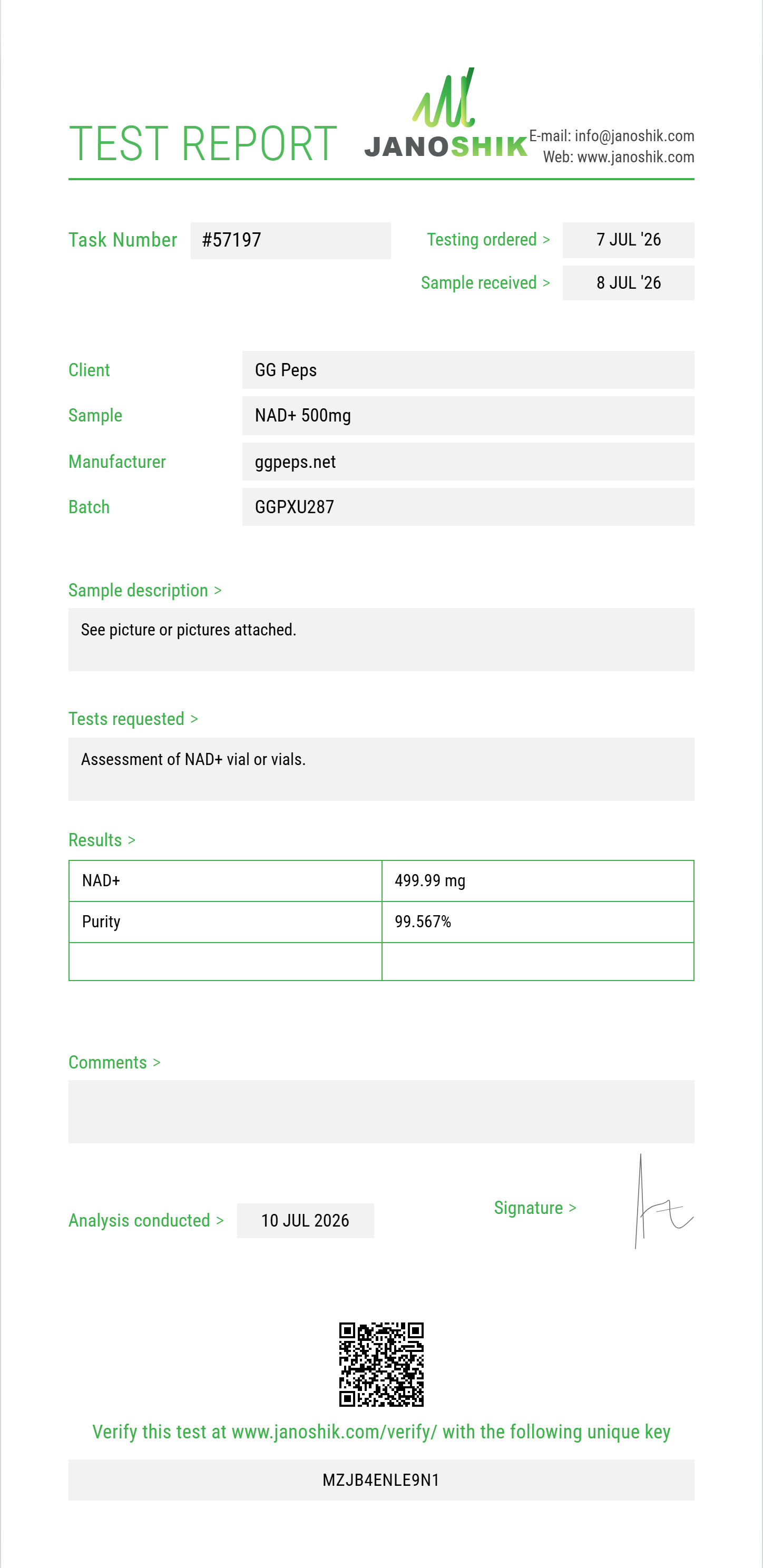 NAD+ Purity (HPLC) report by Janoshik Analytical