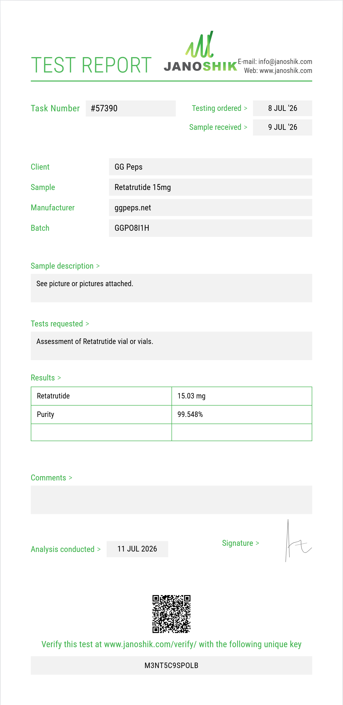 Retatrutide Purity (HPLC) report by Janoshik Analytical
