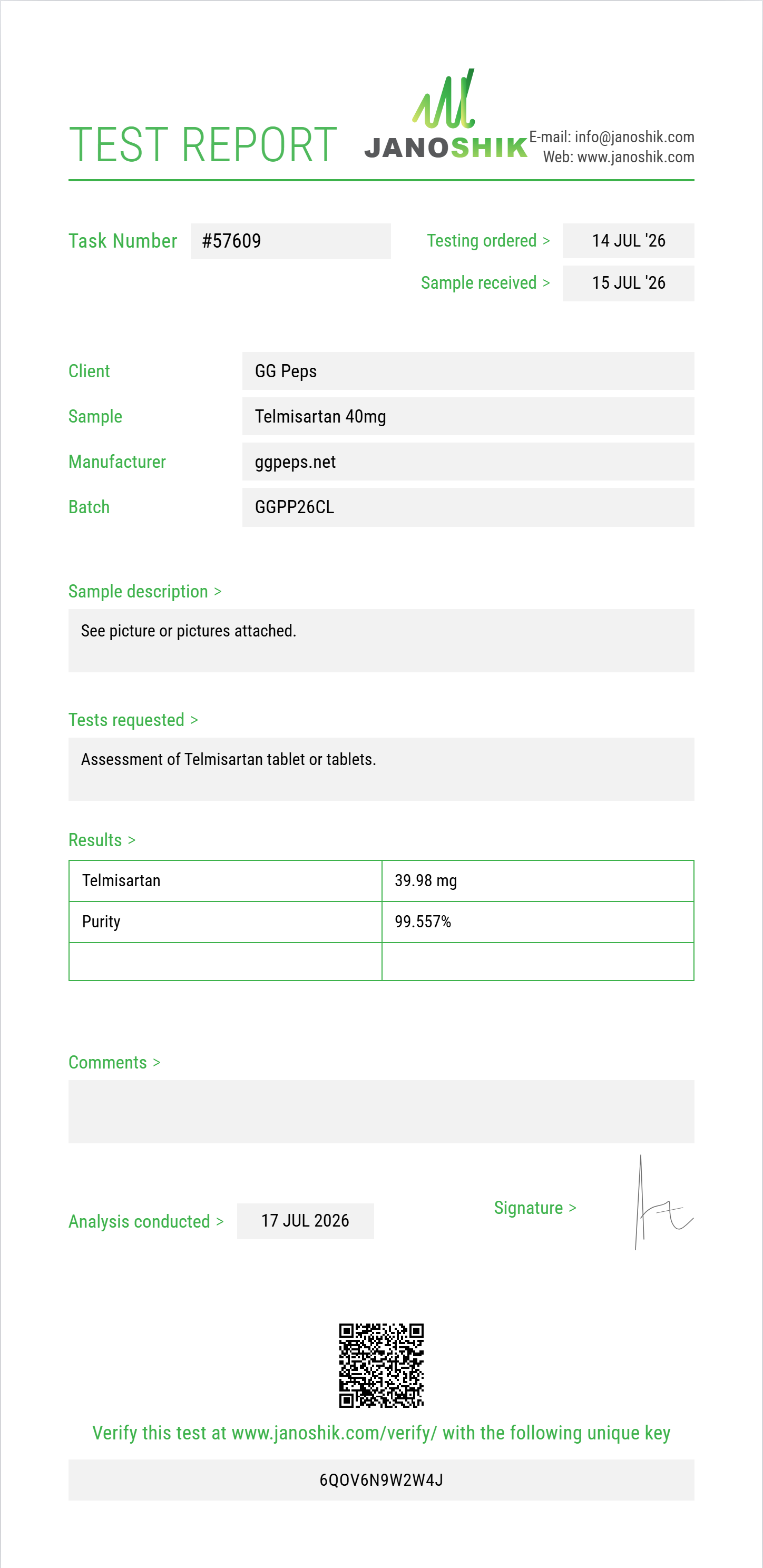 Telmisartan Purity (HPLC) report by Janoshik Analytical