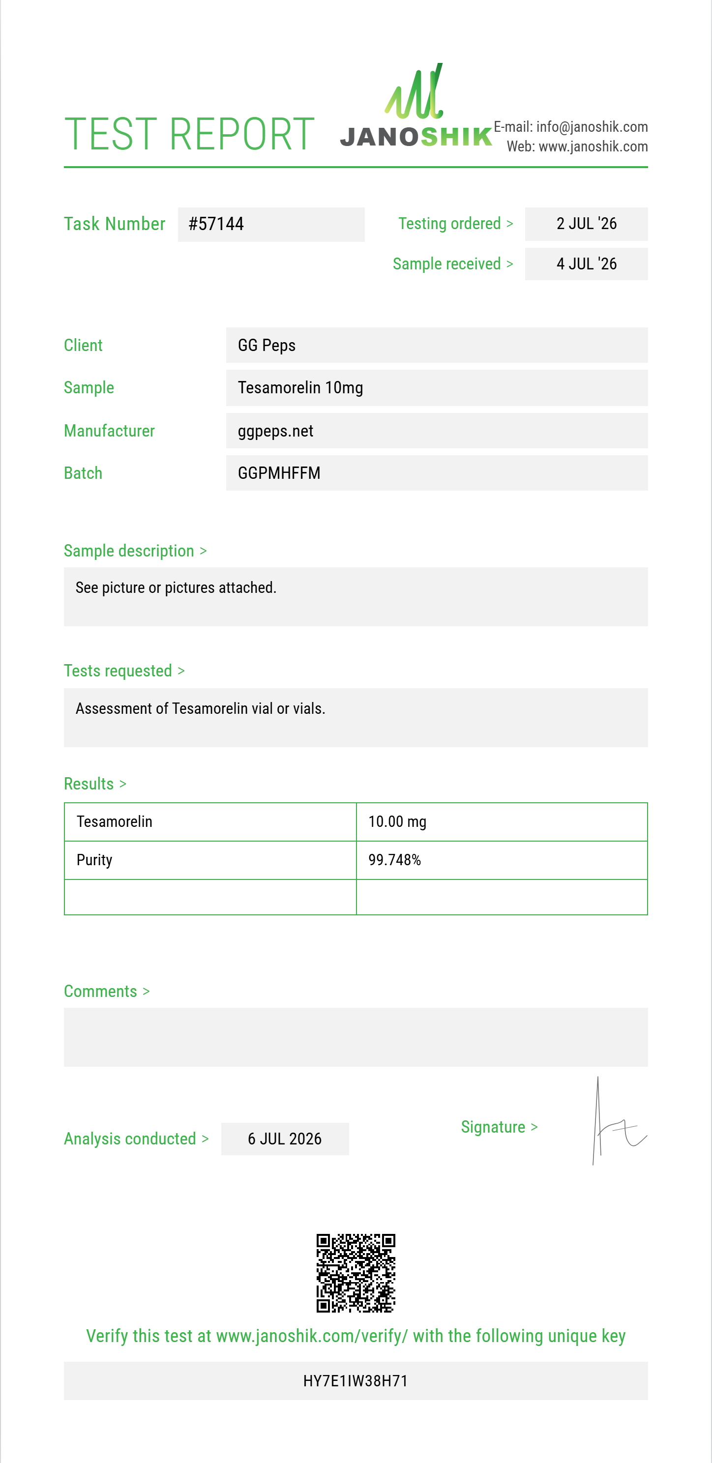 Tesamorelin Purity (HPLC) report by Janoshik Analytical