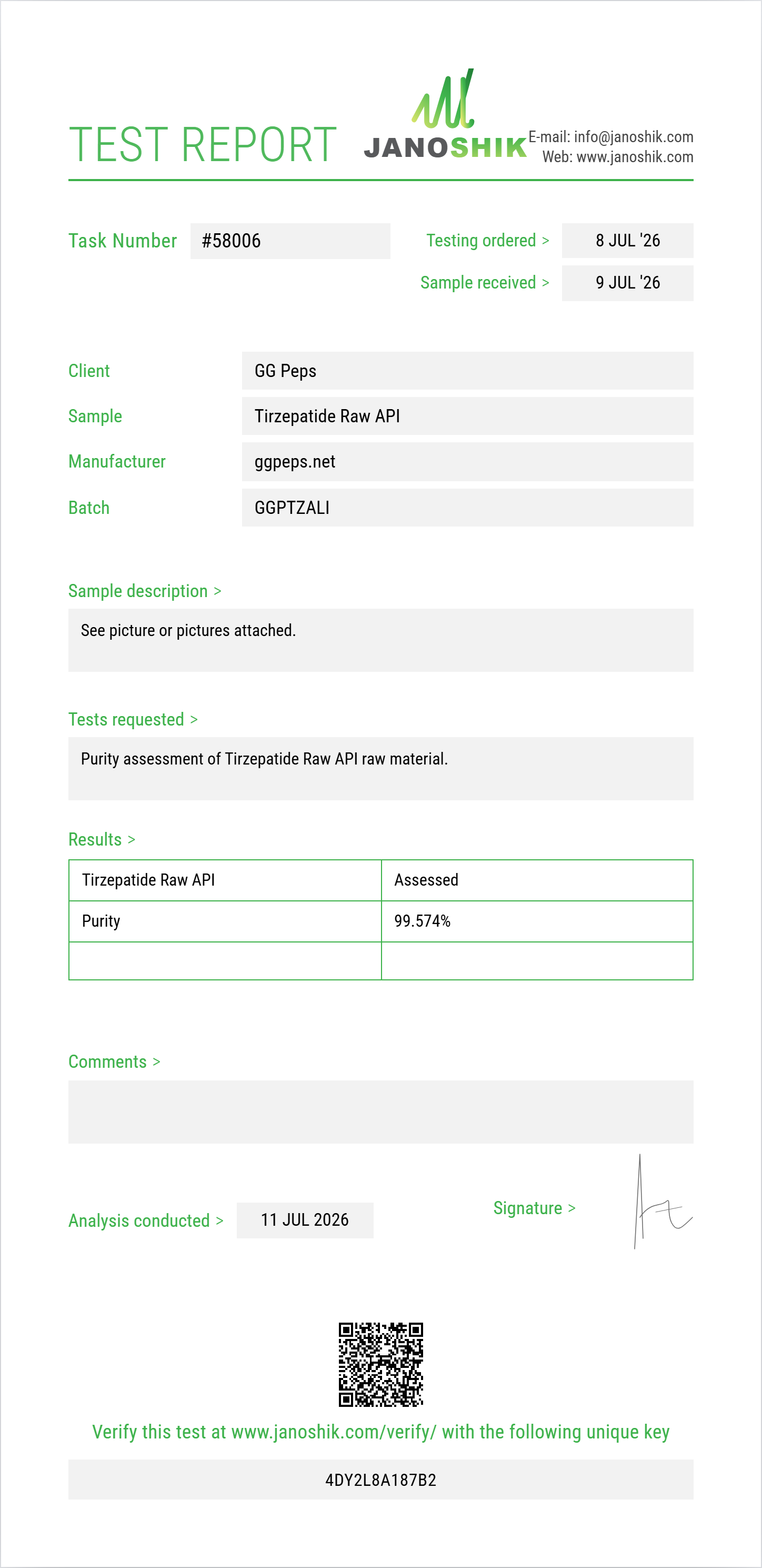 Tirzepatide Raw Purity (HPLC) report by Janoshik Analytical