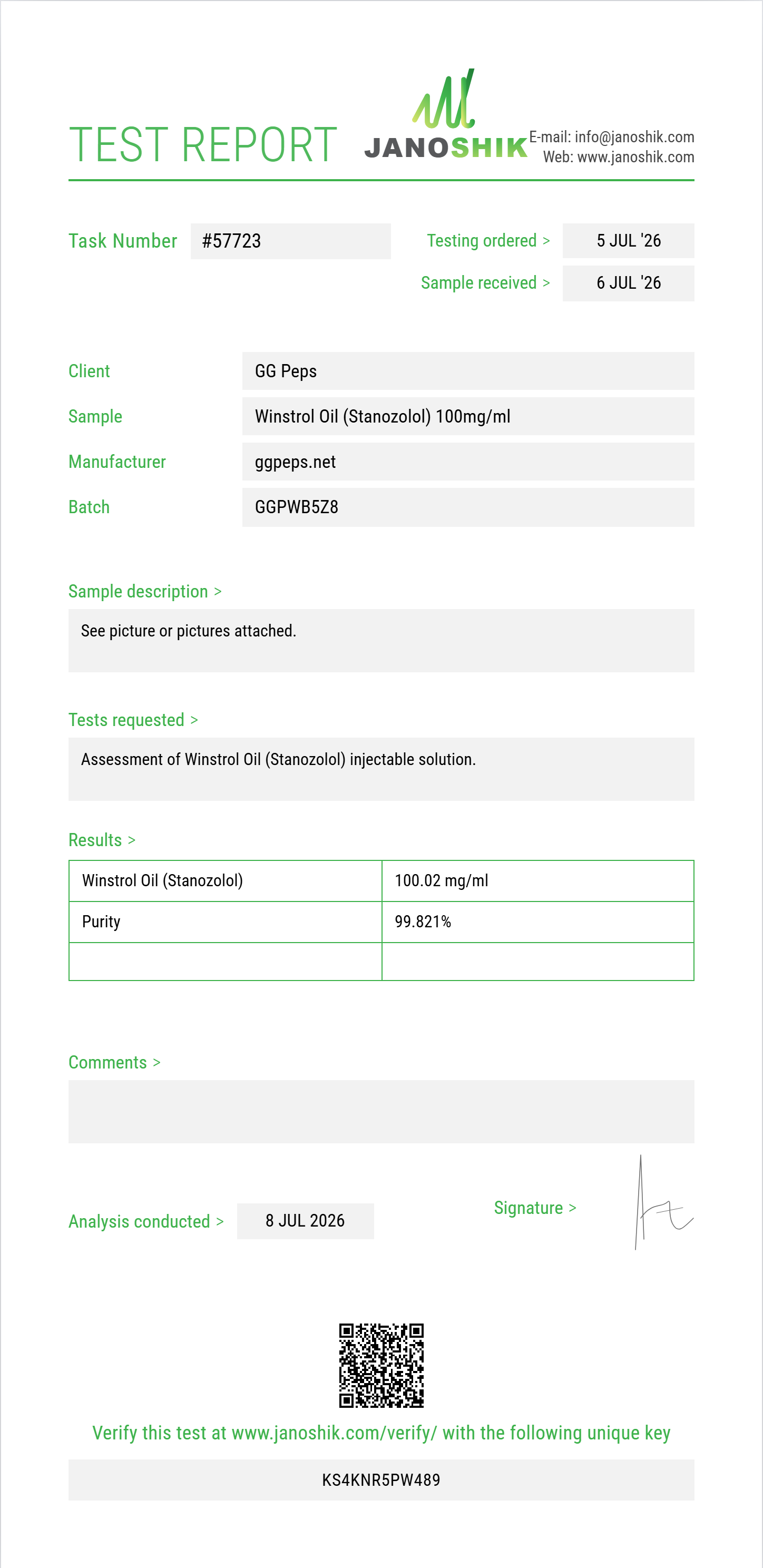 Winstrol Oil (Stanozolol) Purity (HPLC) report by Janoshik Analytical