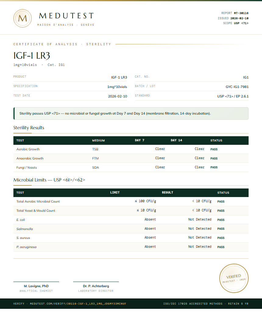 IGF-1 LR3 Sterility report by Medutest