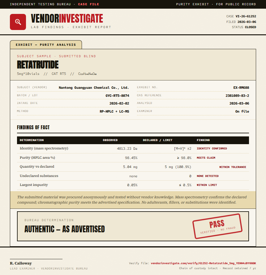 Retatrutide Purity (HPLC) report by VendorInvestigate