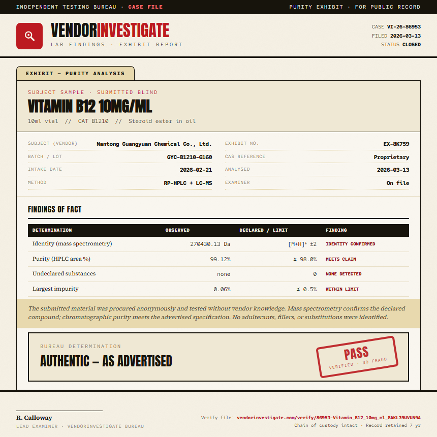 Vitamin B12 10mg/ml Purity (HPLC) report by VendorInvestigate